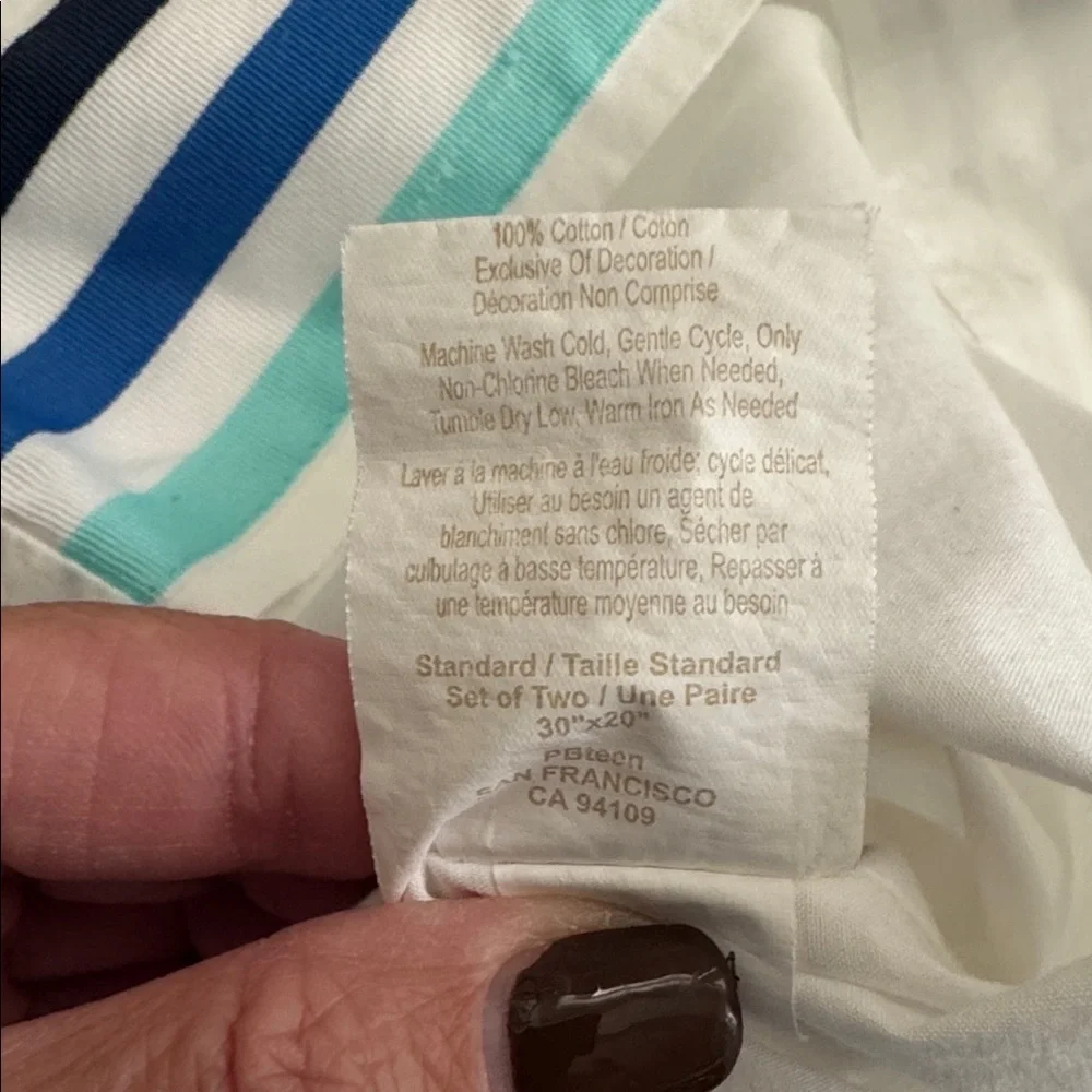 2 Pottery Barn Teen blue striped pillow cases Standard size Beach coastal Cotton